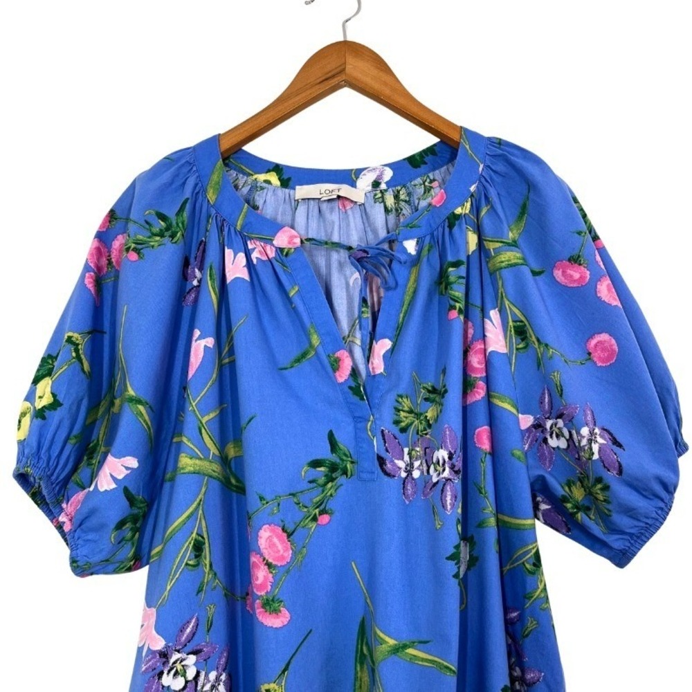 LOFT Blue Floral Tie-Neck Puff-Sleeve Blouse - Picture 4 of 9